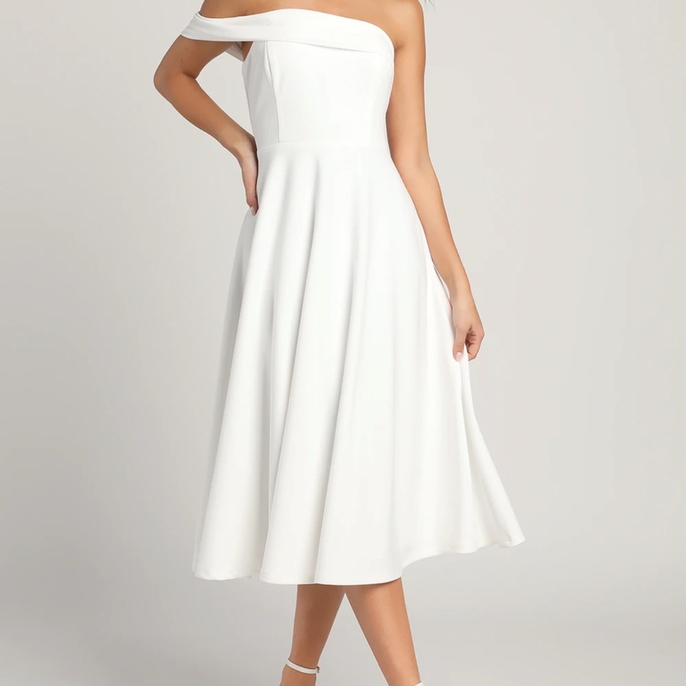 Sweet Elegance White Off-the-Shoulder Asymmetrical Midi Dress